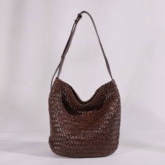 Handwoven Full-Grain Leather Bucket Bag | Stylish Shoulder Bag for Women | Leather Beach Bag