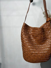 Handwoven Full-Grain Leather Bucket Bag | Stylish Shoulder Bag for Women | Leather Beach Bag