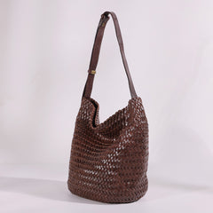 Handwoven Full-Grain Leather Bucket Bag | Stylish Shoulder Bag for Women | Leather Beach Bag