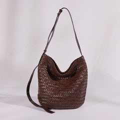 Handwoven Full-Grain Leather Bucket Bag | Stylish Shoulder Bag for Women | Leather Beach Bag