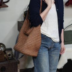 Handwoven Full-Grain Leather Bucket Bag | Stylish Shoulder Bag for Women | Leather Beach Bag