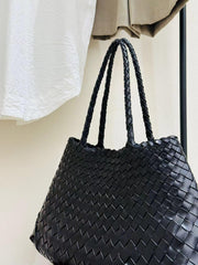 Italy Leather Woven Bag Hobo Trapezoidal Bag | New Style Summer Beach Bag Full Grain Leather Triple Jump Bamboo HandBag, Handcrafted Basket Bag