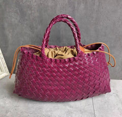 Italy Leather Woven Bag Hobo Trapezoidal Shoulder Bag (Long Handle) | New Style Summer Beach Bag Full Grain Leather Triple Jump Bamboo HandBag, Handcrafted Basket Bag