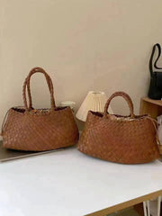 Italy Leather Woven Bag Hobo Trapezoidal Shoulder Bag (Long Handle) | New Style Summer Beach Bag Full Grain Leather Triple Jump Bamboo HandBag, Handcrafted Basket Bag
