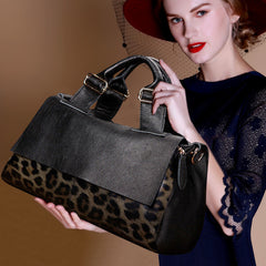 Large Elegant Cowhide Leather Shoulder Bag with Leopard Print Accent and Floral Print, Fashion Leather Handbag