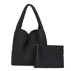 Large Handwoven Waterproof Neoprene Tote Bag, Shoulder Bag with Matching Pouch