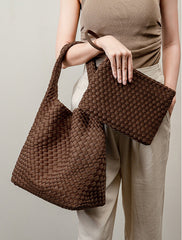 Large Handwoven Waterproof Neoprene Tote Bag, Shoulder Bag with Matching Pouch