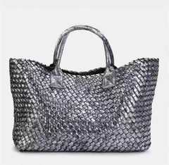 Large Handwoven Vegan Leather Tote/Weekend Bag in Onyx I Trendy Boutique Style ! Handmade Gift for Her