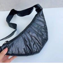 Linen-Coated Cowhide Leather Crescent Bag, Unique High-End Crossbody Chest/Waist Croissant Bag, Zipped Crossbody Hobo Bag