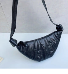 Linen-Coated Cowhide Leather Crescent Bag, Unique High-End Crossbody Chest/Waist Croissant Bag, Zipped Crossbody Hobo Bag