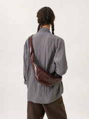 Linen-Coated Cowhide Leather Crescent Bag, Unique High-End Crossbody Chest/Waist Croissant Bag, Zipped Crossbody Hobo Bag