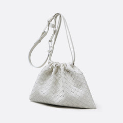 Luxurious Handwoven Lambskin Drawstring Shoulder Bag - Genuine Leather Shoulder Bucket Bag for Women