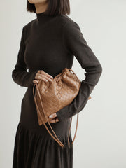 Luxurious Handwoven Lambskin Drawstring Shoulder Bag - Genuine Leather Shoulder Bucket Bag for Women