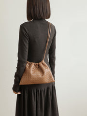 Luxurious Handwoven Lambskin Drawstring Shoulder Bag - Genuine Leather Shoulder Bucket Bag for Women