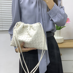 Luxurious Handwoven Lambskin Drawstring Shoulder Bag - Genuine Leather Shoulder Bucket Bag for Women