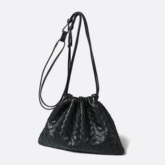 Luxurious Handwoven Lambskin Drawstring Shoulder Bag - Genuine Leather Shoulder Bucket Bag for Women