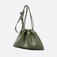 Luxurious Handwoven Lambskin Drawstring Shoulder Bag - Genuine Leather Shoulder Bucket Bag for Women