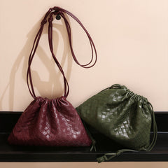 Luxurious Handwoven Lambskin Drawstring Shoulder Bag - Genuine Leather Shoulder Bucket Bag for Women