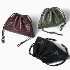 Luxurious Handwoven Lambskin Drawstring Shoulder Bag - Genuine Leather Shoulder Bucket Bag for Women