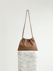 Luxurious Handwoven Lambskin Drawstring Shoulder Bag - Genuine Leather Shoulder Bucket Bag for Women