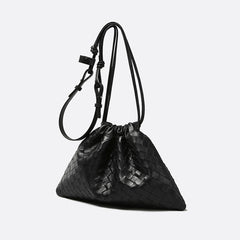 Luxurious Handwoven Lambskin Drawstring Shoulder Bag - Genuine Leather Shoulder Bucket Bag for Women