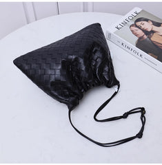 Luxurious Handwoven Lambskin Drawstring Shoulder Bag - Genuine Leather Shoulder Bucket Bag for Women