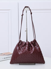 Luxurious Handwoven Lambskin Drawstring Shoulder Bag - Genuine Leather Shoulder Bucket Bag for Women