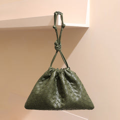 Luxurious Handwoven Lambskin Drawstring Shoulder Bag - Genuine Leather Shoulder Bucket Bag for Women