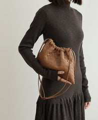 Luxurious Handwoven Lambskin Drawstring Shoulder Bag - Genuine Leather Shoulder Bucket Bag for Women