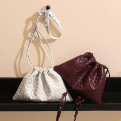 Luxurious Handwoven Lambskin Drawstring Shoulder Bag - Genuine Leather Shoulder Bucket Bag for Women