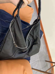 Luxury Large Black Lambskin Leather Shoulder Bag with Braided Handle and Chain Detail - Elegant and Spacious Working Tote