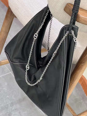 Luxury Large Black Lambskin Leather Shoulder Bag with Braided Handle and Chain Detail - Elegant and Spacious Working Tote