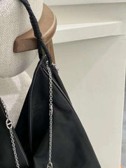 Luxury Large Black Lambskin Leather Shoulder Bag with Braided Handle and Chain Detail - Elegant and Spacious Working Tote