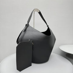 Luxury Pebbled Grain Leather Bucket Bag,  Large Minimalist Cowhide Leather Tote Bag