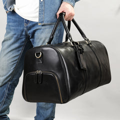 Men's Leather Travel Duffel Bag - Grain Leather Gym Bag with Shoe Compartment, Handheld and Crossbody Carry, Large Weekender Bag