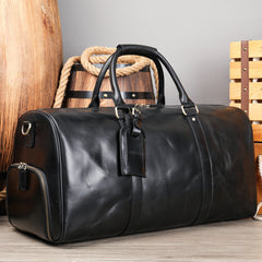 Men's Leather Travel Duffel Bag - Grain Leather Gym Bag with Shoe Compartment, Handheld and Crossbody Carry, Large Weekender Bag