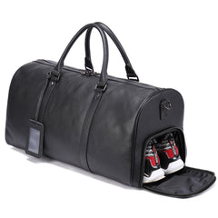 Men's Leather Travel Duffel Bag - Grain Leather Gym Bag with Shoe Compartment, Handheld and Crossbody Carry, Large Weekender Bag