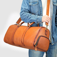 Men's Leather Travel Duffel Bag - Grain Leather Gym Bag with Shoe Compartment, Handheld and Crossbody Carry, Large Weekender Bag