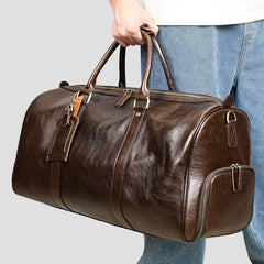 Men's Leather Travel Duffel Bag - Grain Leather Gym Bag with Shoe Compartment, Handheld and Crossbody Carry, Large Weekender Bag