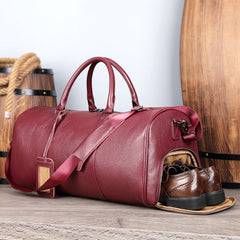 Men's Leather Travel Duffel Bag - Grain Leather Gym Bag with Shoe Compartment, Handheld and Crossbody Carry, Large Weekender Bag