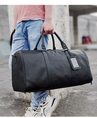 Men's Leather Travel Duffel Bag - Grain Leather Gym Bag with Shoe Compartment, Handheld and Crossbody Carry, Large Weekender Bag