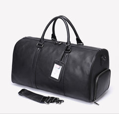 Men's Leather Travel Duffel Bag - Grain Leather Gym Bag with Shoe Compartment, Handheld and Crossbody Carry, Large Weekender Bag