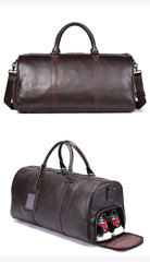 Men's Leather Travel Duffel Bag - Grain Leather Gym Bag with Shoe Compartment, Handheld and Crossbody Carry, Large Weekender Bag