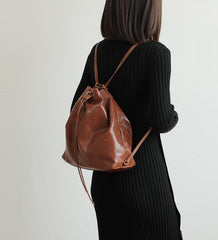 Minimalist Lightweight Oiled Cowhide Leather Versatile Backpack & Shoulder Bucket Bag, Crossbody Tote and Bucket Bag For Women