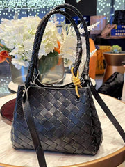 Noir Woven Lambskin Leather Shoulder Bag with Braided Handle and Gold Accents