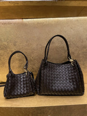 Noir Woven Lambskin Leather Shoulder Bag with Braided Handle and Gold Accents