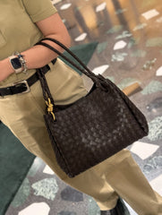 Noir Woven Lambskin Leather Shoulder Bag with Braided Handle and Gold Accents