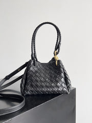 Noir Woven Lambskin Leather Shoulder Bag with Braided Handle and Gold Accents