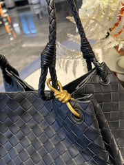 Noir Woven Lambskin Leather Shoulder Bag with Braided Handle and Gold Accents