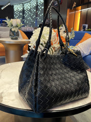 Noir Woven Lambskin Leather Shoulder Bag with Braided Handle and Gold Accents